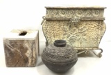 (3pc) Petrified Wood Vase & Metal Home Decor