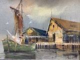 Artist Signed Fisherman’s Dock Oil On Canvas