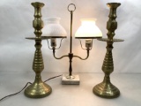 (3pc) Etched Brass Candlesticks & Students Lamp