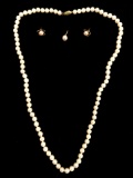 14k Gold & Pearl Earrings, Necklace & Pin Suite