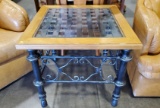 Distressed Wood & Wrought Iron Glass Top End Table