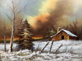 Artist Signed Winter Barn Landscape Oil On Canvas