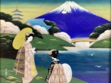 Two Geishas At Mt. Fuji Japanese Painting On Silk