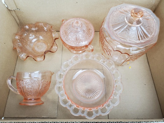 Pink Depression Glass Bowls, Lidded Jar, Pitcher