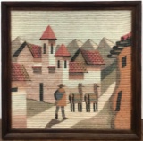 Rustic Wood Framed Needlepoint Textile Artwork