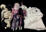 (3pc) Vintage Porcelain Joker Dolls, Table Cloth