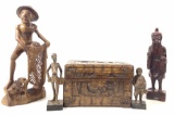 Wooden Carved Asian & Spanish Figures, Box