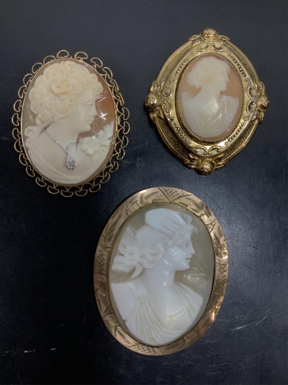 (3pc) Antique Carved Cameo Brooches