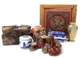 Vintage Asian Wood Artwork, Vases, Box