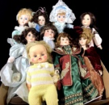 (9pc) Assorted Vintage Porcelain & Vinyl Dolls