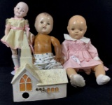 (3pc) Vintage Porcelain, Hard Plastic Dolls