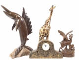 Wooden Carved Animal Sculptures, Mantle Clock