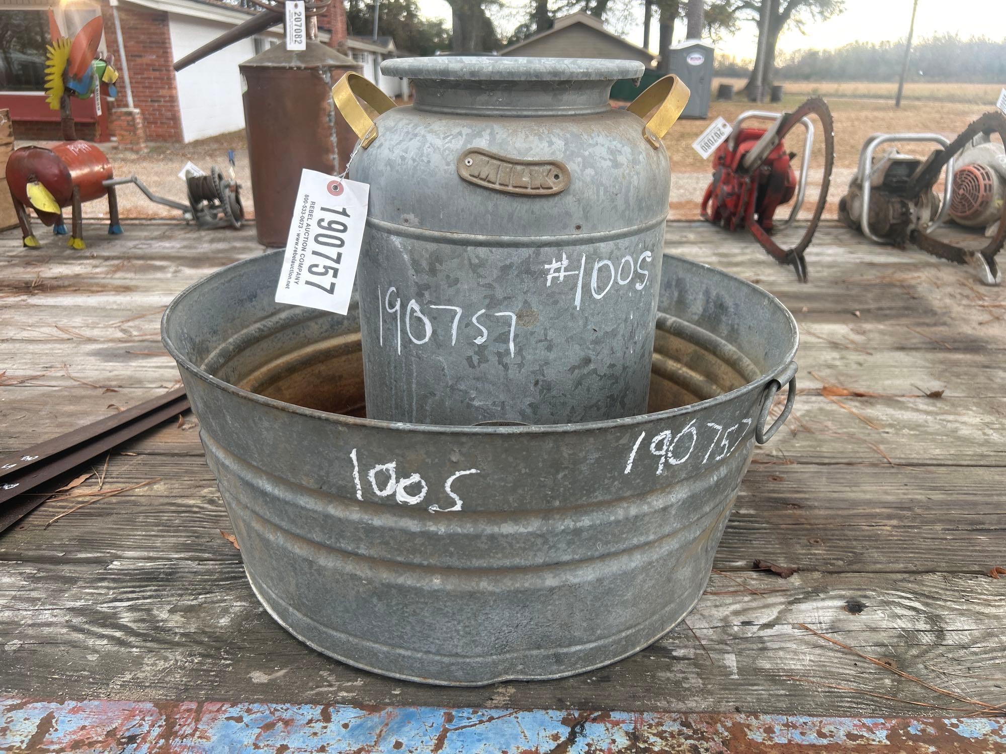 GALVANIZED MILK CAN AND WASH TUB